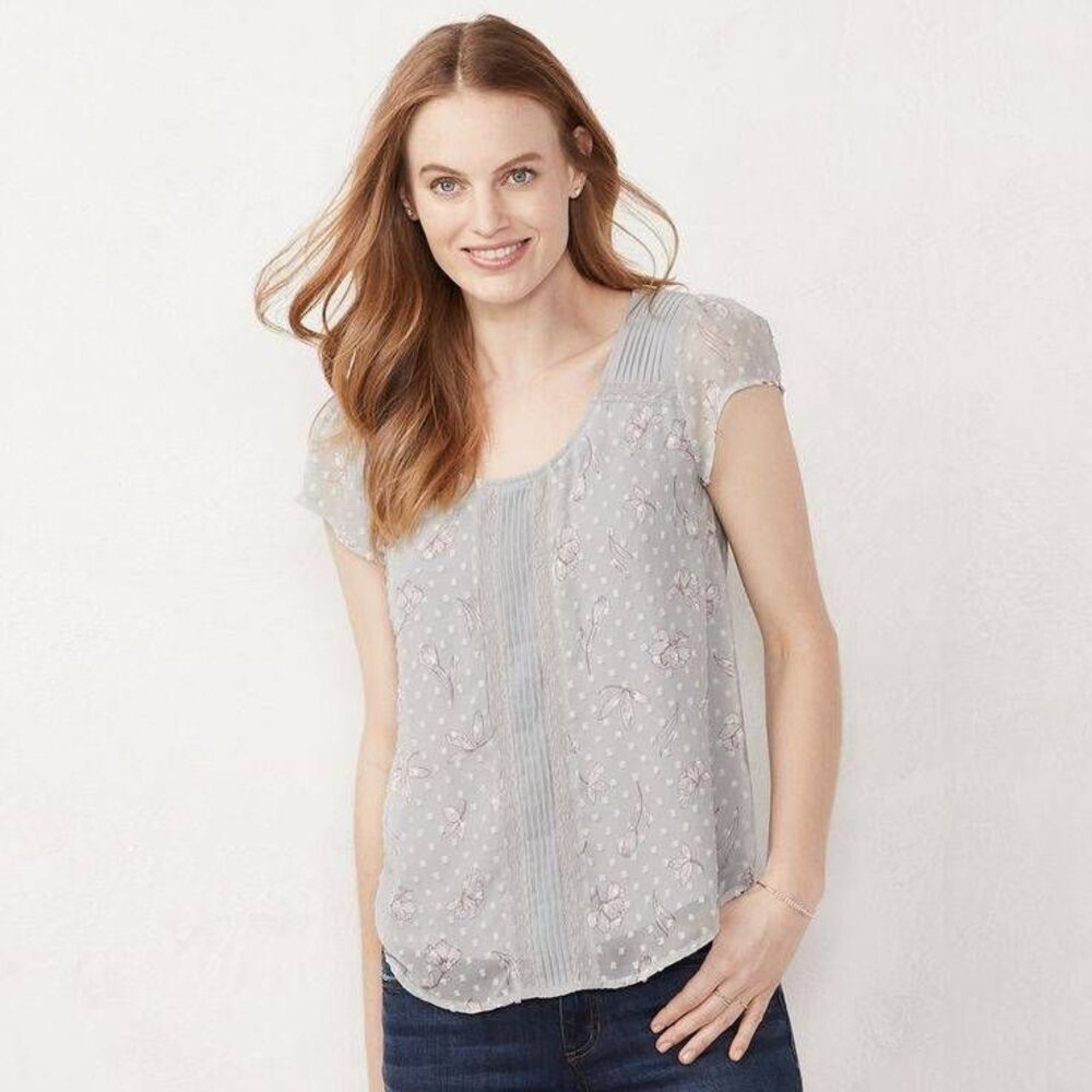 🔺️Lauren Conrad Gray Floral Print Cap Sleeve Top XSmall